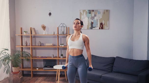 Woman in sportswear training with dumbbells at home  - Foto, afbeelding