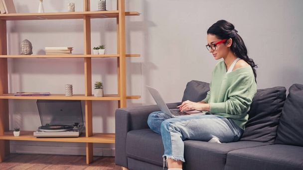 Freelancer in eyeglasses using laptop on couch  - 写真・画像