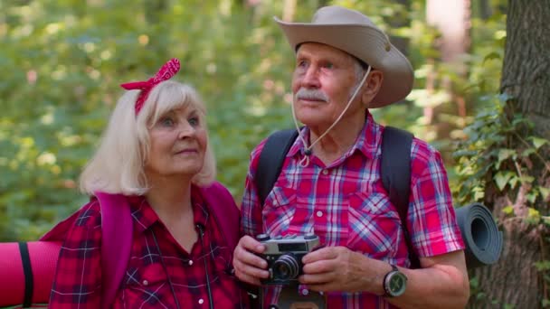 Velho avô turistas sênior andando com mochilas tirando fotos com câmera em madeira - Filmagem, Vídeo