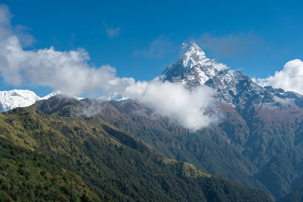 Machapuchare mountain peak , holy mountain in Annapurna range, Himalaya mountains range in Pokhara, Nepal, Asia - Фото, изображение