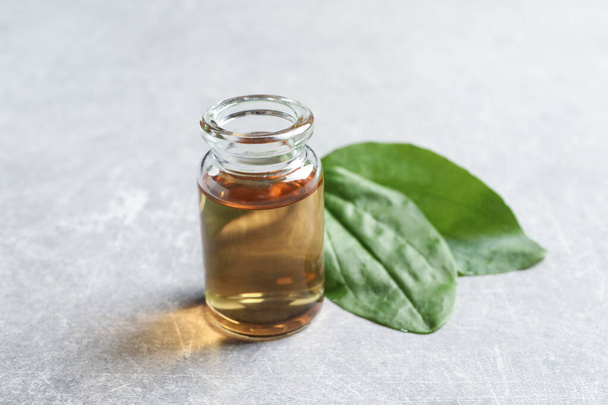 Bottle of broadleaf plantain extract and leaves on light  table - Photo, image