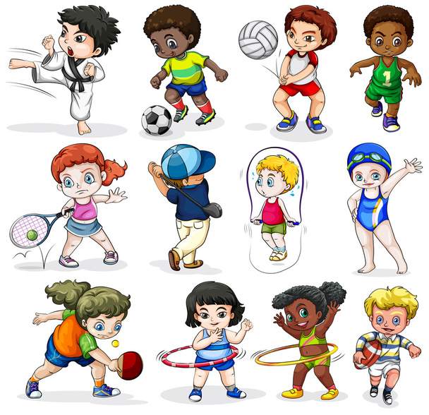 τα παιδιά που ασκούν διαφορετικές αθλητικές δραστηριότητες - Διάνυσμα, εικόνα