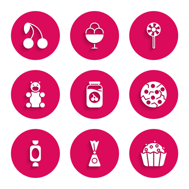 Set Cherry jam jar, Candy, Cupcake, Cookie nebo sušenky, Jelly medvídek cukroví, Lízátko a ikona. Vektor - Vektor, obrázek