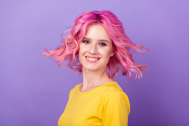 Photo of young cheerful girl happy positive smile fly air haircare treatment isolated over purple color background - Valokuva, kuva