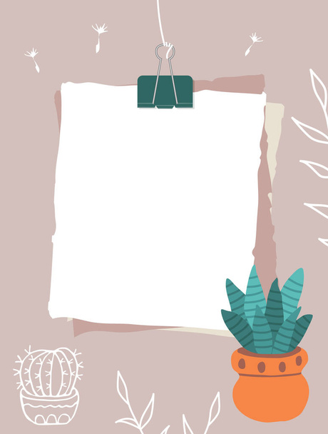 Color sheets of paper connected with a paperclip hang on a thread. Note paper, cactus in a red pot, white contours of plants in the background. Vector illustration, flat style. - Vektör, Görsel
