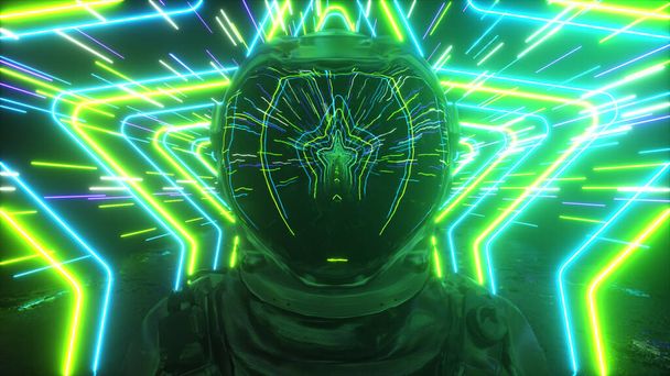 An endless neon tunnel of stars moves along the astronaut. Bright space concept. Reflections in the helmet. 3d illustration - Valokuva, kuva