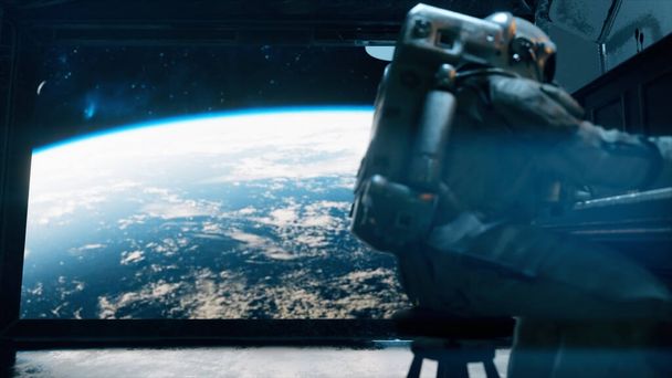 Астронавт в скафандре играет на пианино в космическом корабле с видом на планету Земля. Концепция пространства и музыки. 3d иллюстрация - Фото, изображение