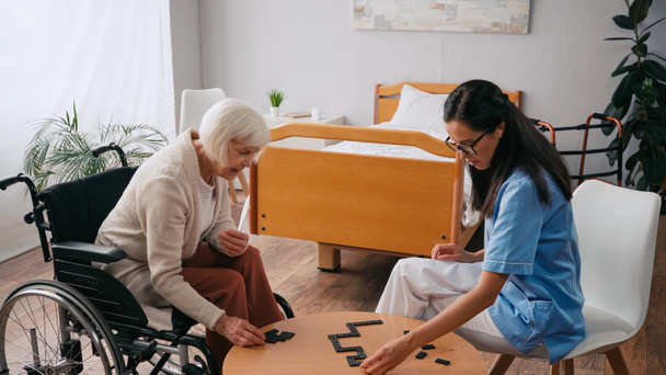 senior woman in wheelchair playing dominoes with young nurse - Photo, Image