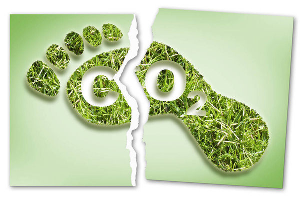 Zerrissenes Foto eines Carbon Footprint Konzeptbildes mit CO2-Text gegen Fußabdruck in Grasform - CO2-neutrales und ökologisches Konzept mit Fußsymbol. - Foto, Bild