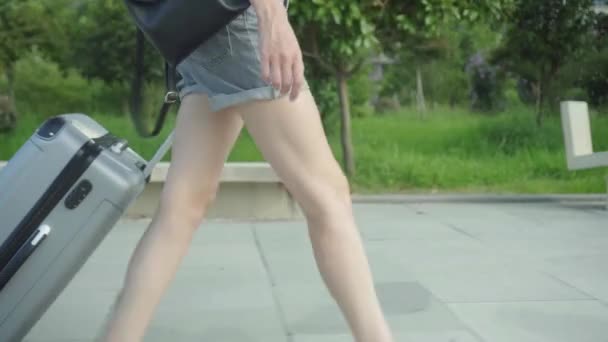 piedi delle donne camminano sul marciapiede e portano una valigia dietro di loro. - Filmati, video