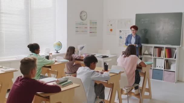 Fahndungsbild einer Lehrerin mit kurzen roten Haaren, die an der Tafel steht und Mittelschülern Mathe beibringt, die im Klassenzimmer am Schreibtisch sitzen - Filmmaterial, Video