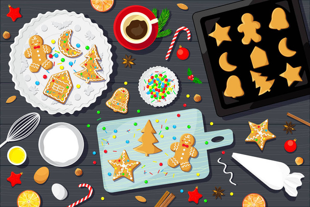 Décorer les biscuits au pain d'épice de Noël avec glaçure, bonbons et saupoudrer. Illustration vectorielle arrière plan. - Vecteur, image