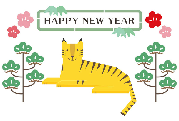Illustrazione di carte di Capodanno progettata con una cornice di tigre sdraiata, pino, fiore di prugna, bambù. - Vettoriali, immagini