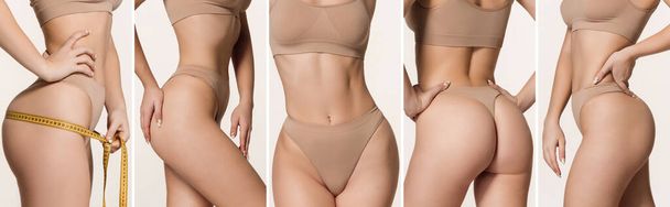 Cropped portrait of perfect slim tanned young female body in inner wear. Collage - Foto, imagen