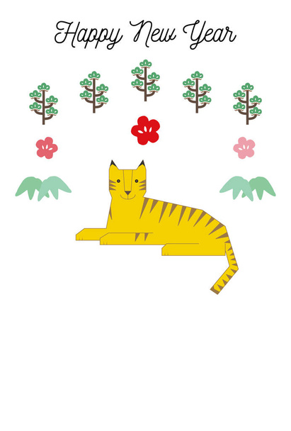 Újévi kártya illusztráció tervezett fekvő tigris, fenyő, szilva virág, bambusz fű. - Vektor, kép