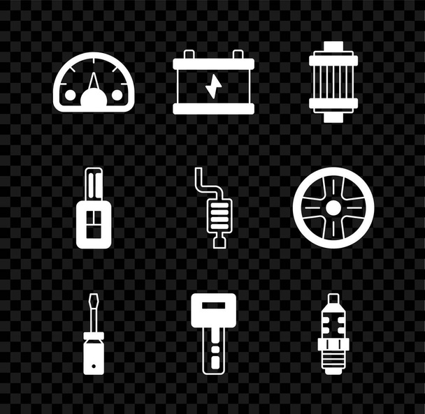 速度計、車のバッテリー、空気フィルター、ドライバー、リモート、スパークプラグ、マフラーのアイコンでキーを設定します。ベクトル - ベクター画像