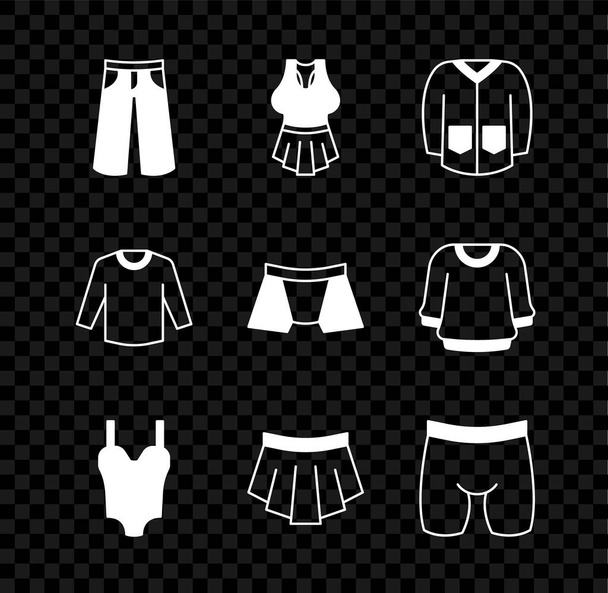 Set Pants, Undershirt, Sweater, Swimsuit, Skirt, Cycling shorts, and Men underpants icon. Vector - Vector, Image