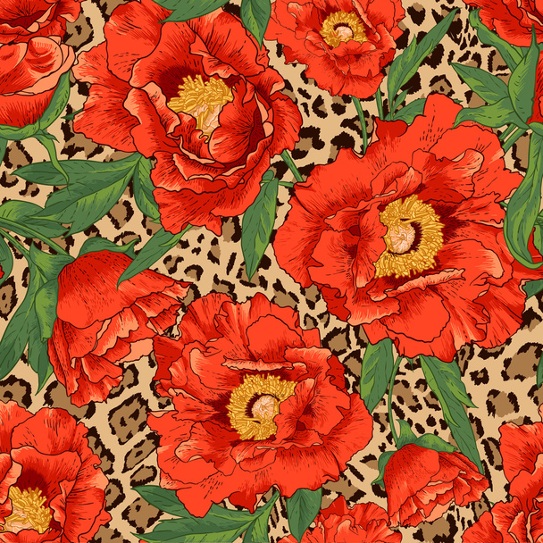 Seamless flower pattern on leopard background - Vector, Image