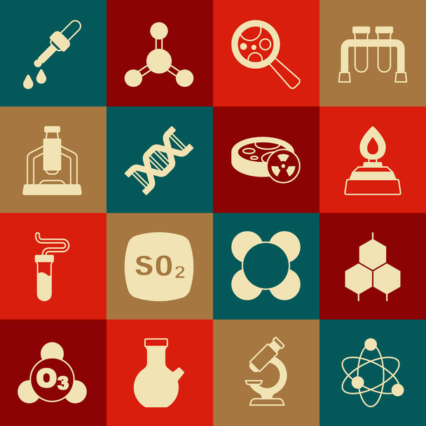 Set atome, formule chimique, brûleur à alcool, micro-organismes sous loupe, symbole ADN, microscope, pipette et éprouvette avec icône de liquide toxique. Vecteur - Vecteur, image