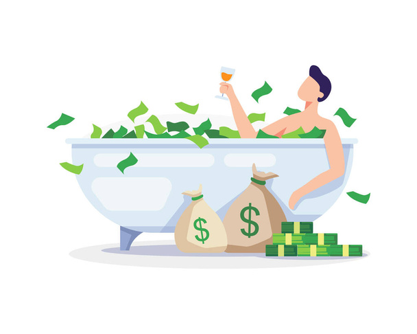 Ilustración del concepto de renta pasiva. Hombre joven relajándose con baño de billetes. Vector en un estilo plano - Vector, imagen