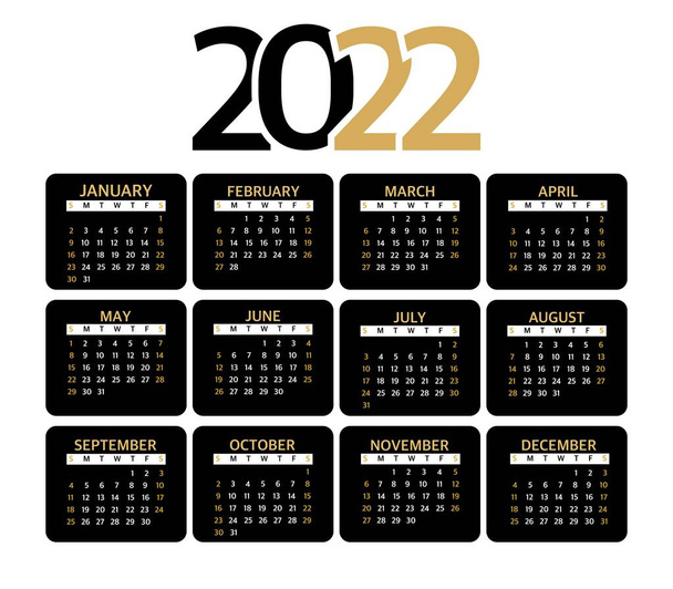 Kalenteri 2022 on muodikas ja moderni. Musta ja harmaa tausta kultaisia viivoja. Joukko työpöytäkalentereita vuodelle 2022, seinäkalenteri, suunnittelija, viikon alussa sunnuntaina.  - Vektori, kuva