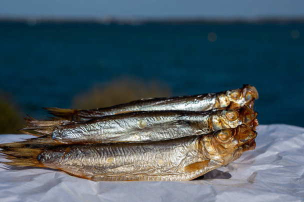 Копчений спрат або спритч морська риба, що подається на відкритому повітрі з видом на блакитну морську воду, готова до їжі
 - Фото, зображення