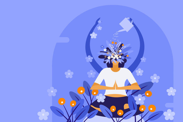 Концептуальная иллюстрация женщины, поливающей растения, растущие на её собственной голове во время медитации. Концепция внимательной медитации - Вектор,изображение
