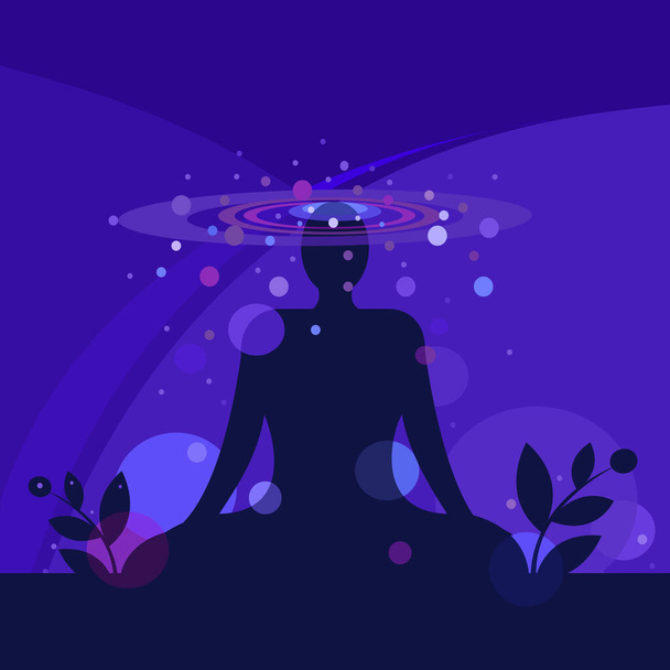 Silhouet van een mediterend persoon omringd door energievelden - Vector, afbeelding