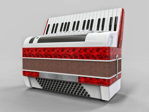 Gri arka planda kırmızı ve beyaz akordeon. 3d illüstrasyon - Fotoğraf, Görsel