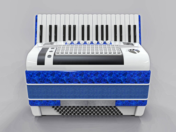 Gri izole arka planda mavi ve beyaz akordeon. 3d illüstrasyon - Fotoğraf, Görsel