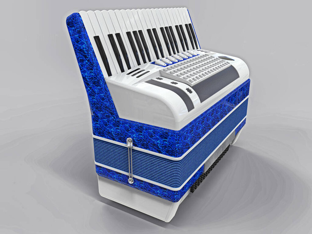 Modrobílá akordeon na šedém izolovaném pozadí. 3D ilustrace - Fotografie, Obrázek