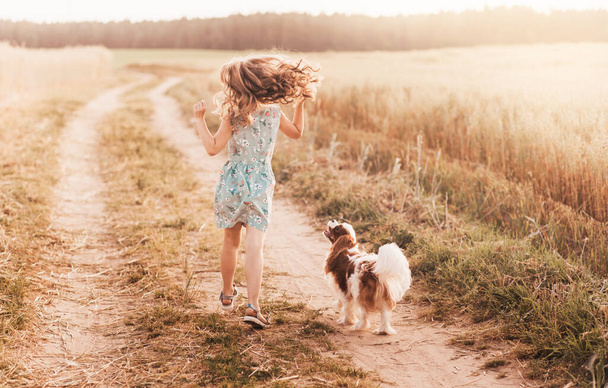 Dívka s kavalírem král Karel Španěl pes hraje v létě v přírodě - Fotografie, Obrázek