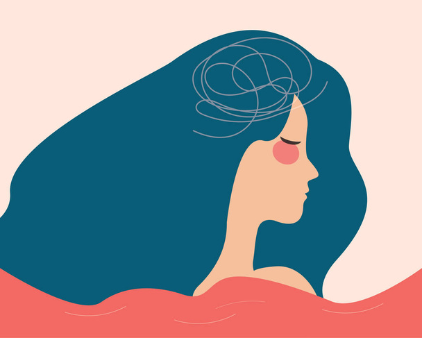 Girl stands in the choppy water feeling lost and confused. Depressed woman with flying hair looks frustrated. Concept of mental health disorders, psychological problems or illness. Vector illustration - Vektori, kuva