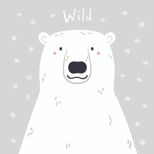 Käsin piirretty vektori kuva söpö sarjakuva jääkarhu lumella ja lainaus Wild. Käsin piirretty vektorikuva. Talvieläinhahmo. Arktinen luonto. Design konsepti lapsille muoti tulostaa - Vektori, kuva
