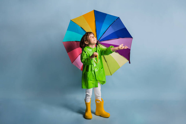 забавный маленький мальчик в зеленом плаще и желтых резиновых сапогах стоит и держит разноцветный зонтик на синем фоне с местом для текста - Фото, изображение