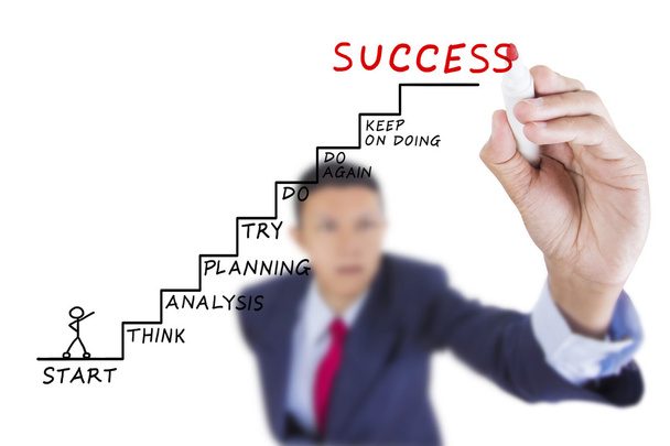 Biznesmen patrzą w górę i piśmie krok do sukcesu - Zdjęcie, obraz