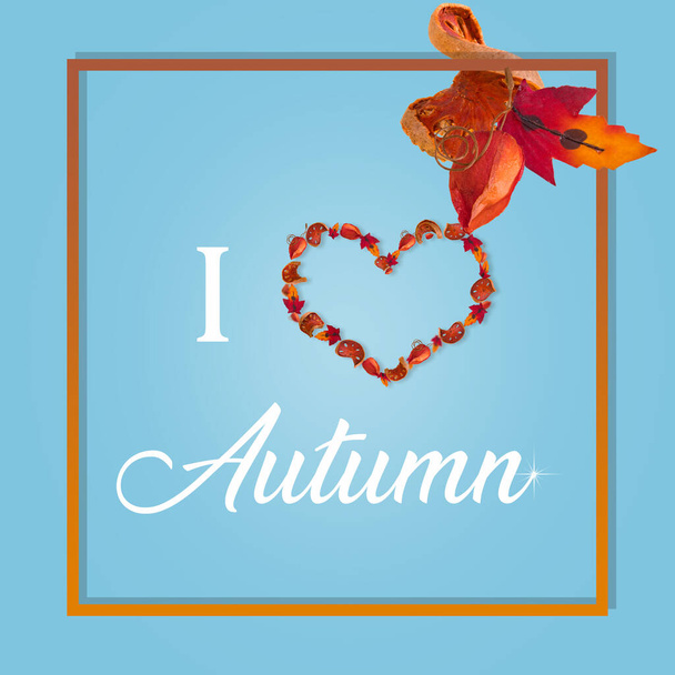 Layout criativo com folhas de outono e abóbora seca fatiada dispostos em forma de coração. Eu amo Outono, mensagem. - Foto, Imagem