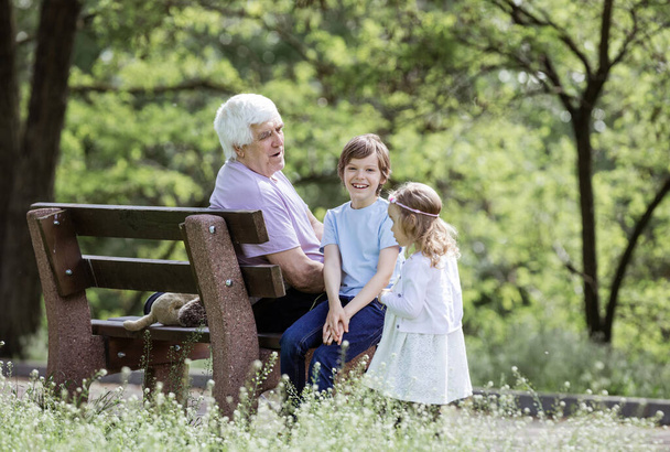 Mature homme parler à petits-enfants tout en étant assis sur le banc dans le parc d'été - Photo, image