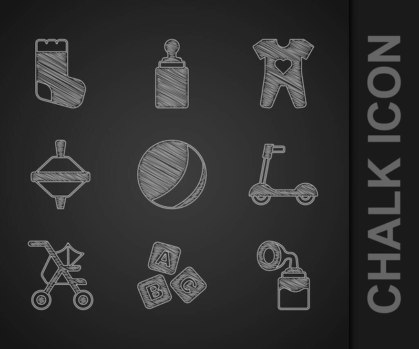 Set Beach ball, ABC blocks, Breast pump, Roller scooter, Baby stroller, Whirligig toy, clothes and socks icon. Vector - Vector, Image