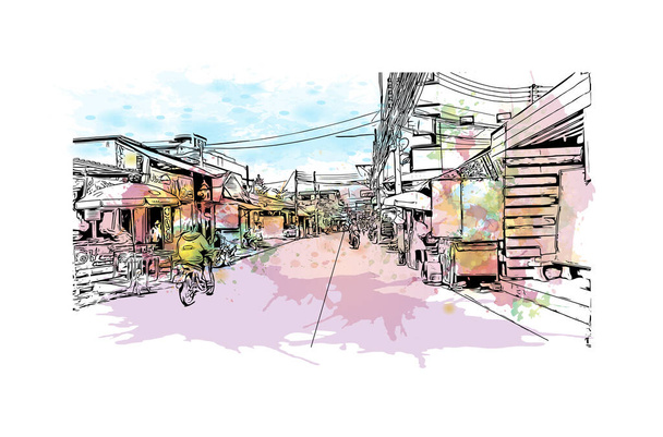 Print Building vista com marco de Hat Yai é a cidade na Tailândia. Esguicho aquarela com desenho à mão ilustração em vetor. - Vetor, Imagem