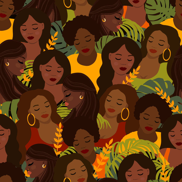 Naadloos patroon met mooie Afrikaanse vrouwen, zwarte dames herhalende textuur. Trendy walpapier. vector - Vector, afbeelding