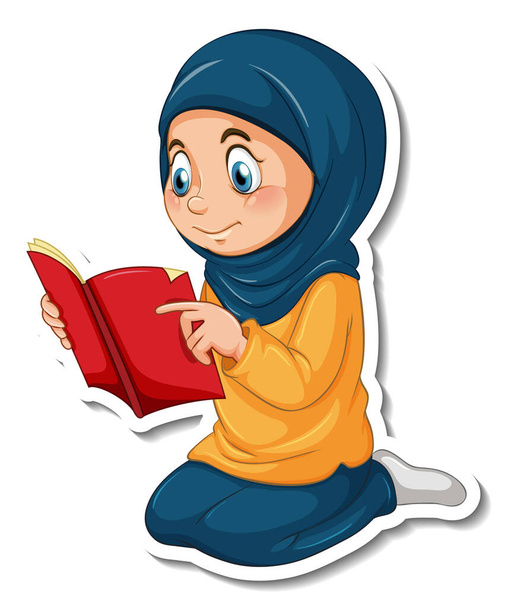 A sticker template with Muslim girl reading quran book illustration - Vector, Image