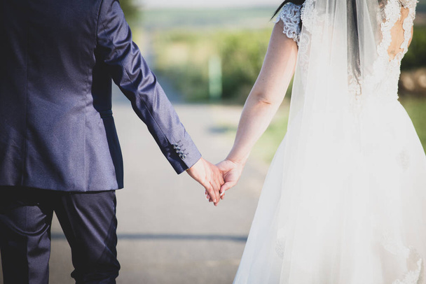 A wedding couple holding each others hands with blurred background - Foto, Bild