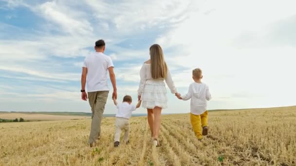 Οικογένεια με παιδιά περπατά ενώνοντας τα χέρια στο χωράφι με το σιτάρι - Πλάνα, βίντεο