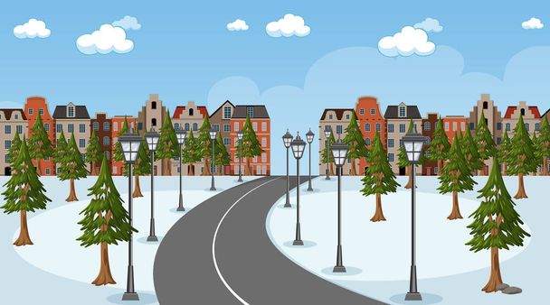 Escena de temporada de invierno con largo camino a través del parque en la ilustración de la ciudad - Vector, Imagen