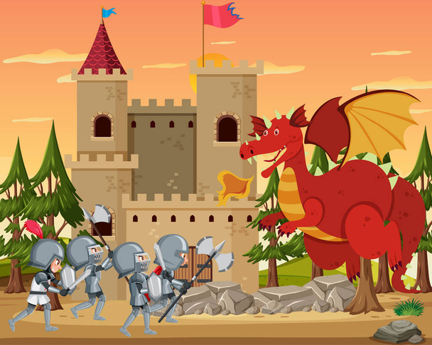 Knights fight with dragon at the castle illustration - Vector, Image
