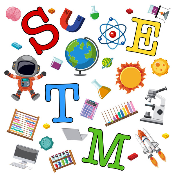 Цветной логотип STEM-образования с иллюстрацией элементов обучения - Вектор,изображение
