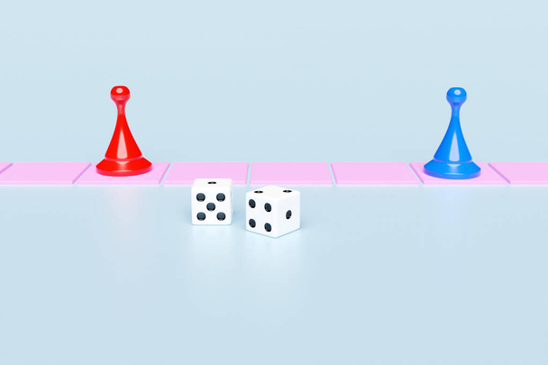 Μπλε και κόκκινο παιχνίδι κομμάτια και δύο ζάρια: ψυχαγωγία, παιχνίδια στο σπίτι για όλη την οικογένεια, επιτραπέζια παιχνίδια έννοια. Επιτραπέζιο παιχνίδι. - Φωτογραφία, εικόνα