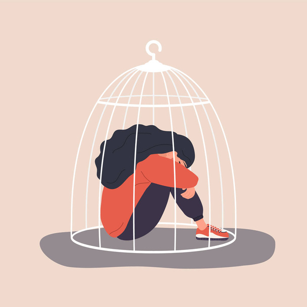 Woman locked in cage. Sad girl needs psychological help. Social isolation concept. Female empowerment movement. Violence in family. Vector illustration in cartoon style - Vector, Image