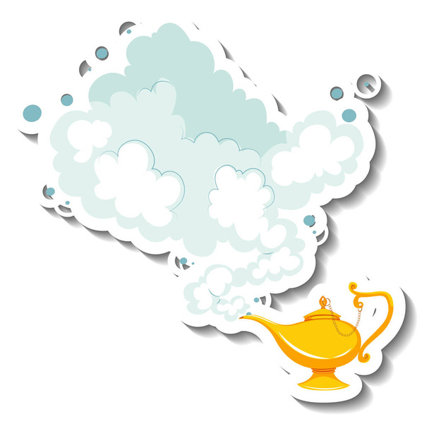 Lámpara mágica Genie con ilustración de etiqueta engomada de dibujos animados de humo - Vector, Imagen